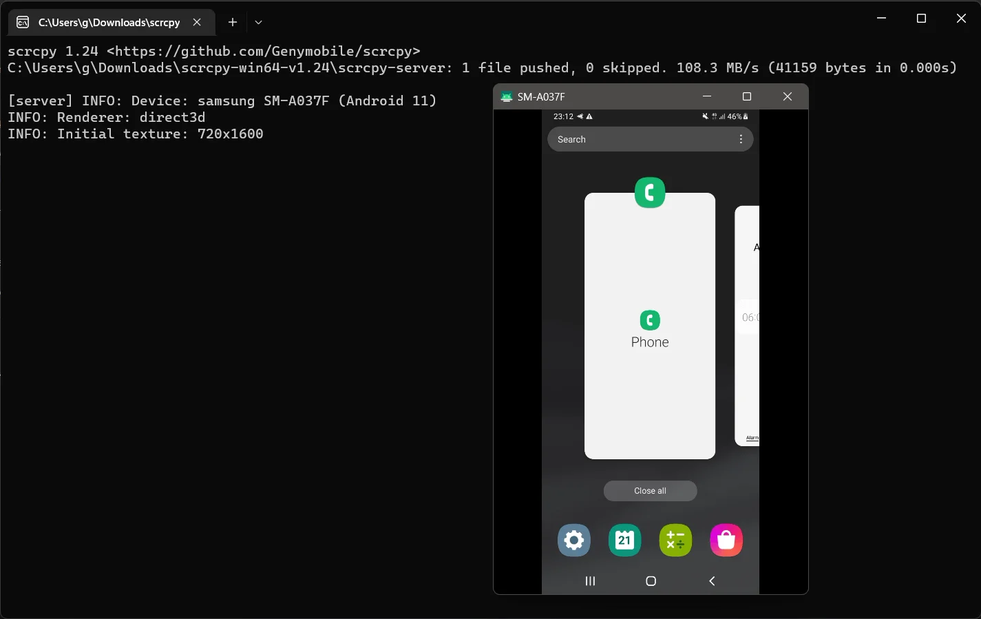 Scrcpy 软件运行截图 - 在 Windows 上镜像并控制 Android 手机屏幕